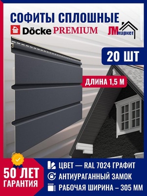 Софит для кровли пластиковый, 20 шт х 1,5 метра, комплект 9 м2, Docke Premium, цвет Графит, сплошные, без перфорации.